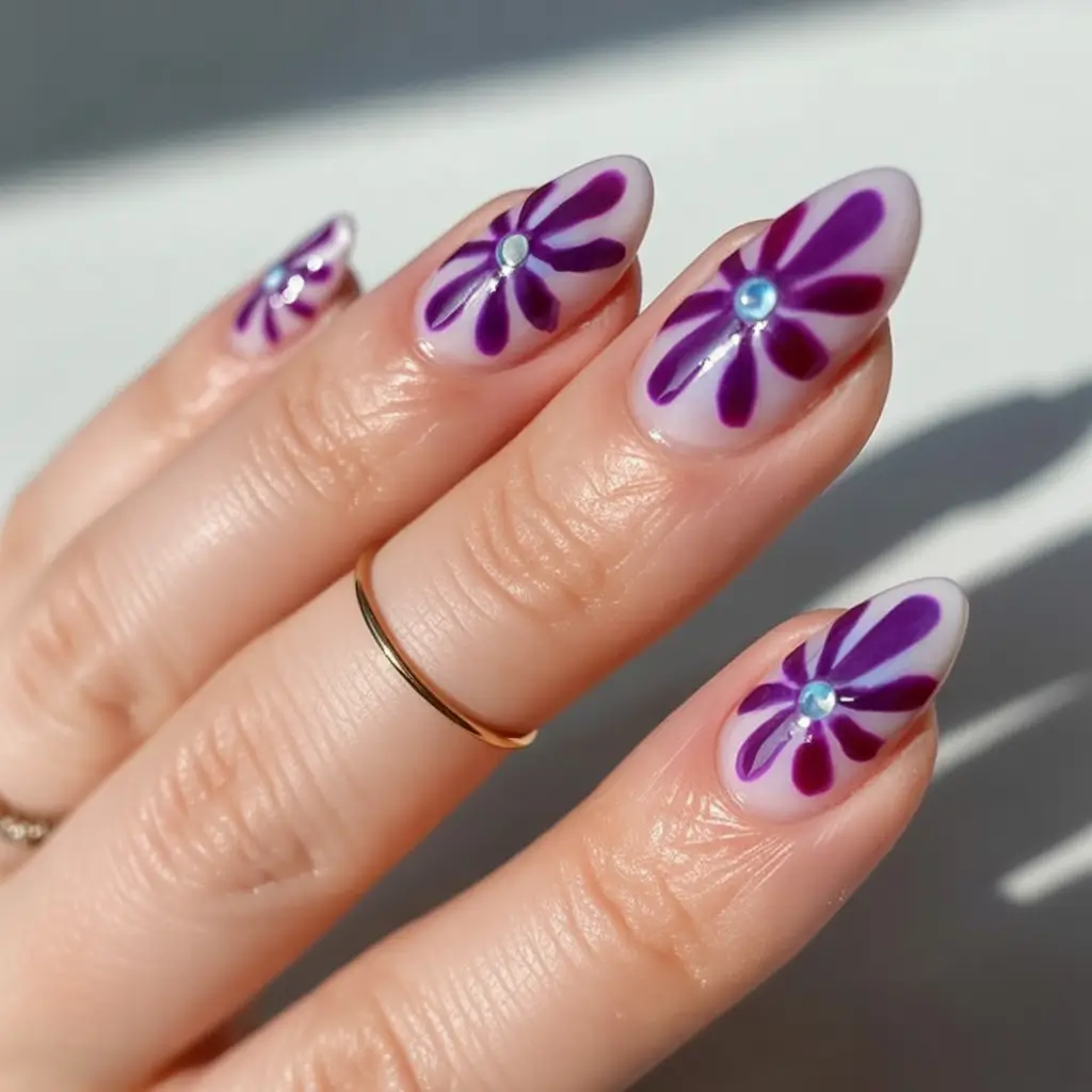 Best July Nail Colors for 2025 Bold Violet Florals With A 3D Pop
