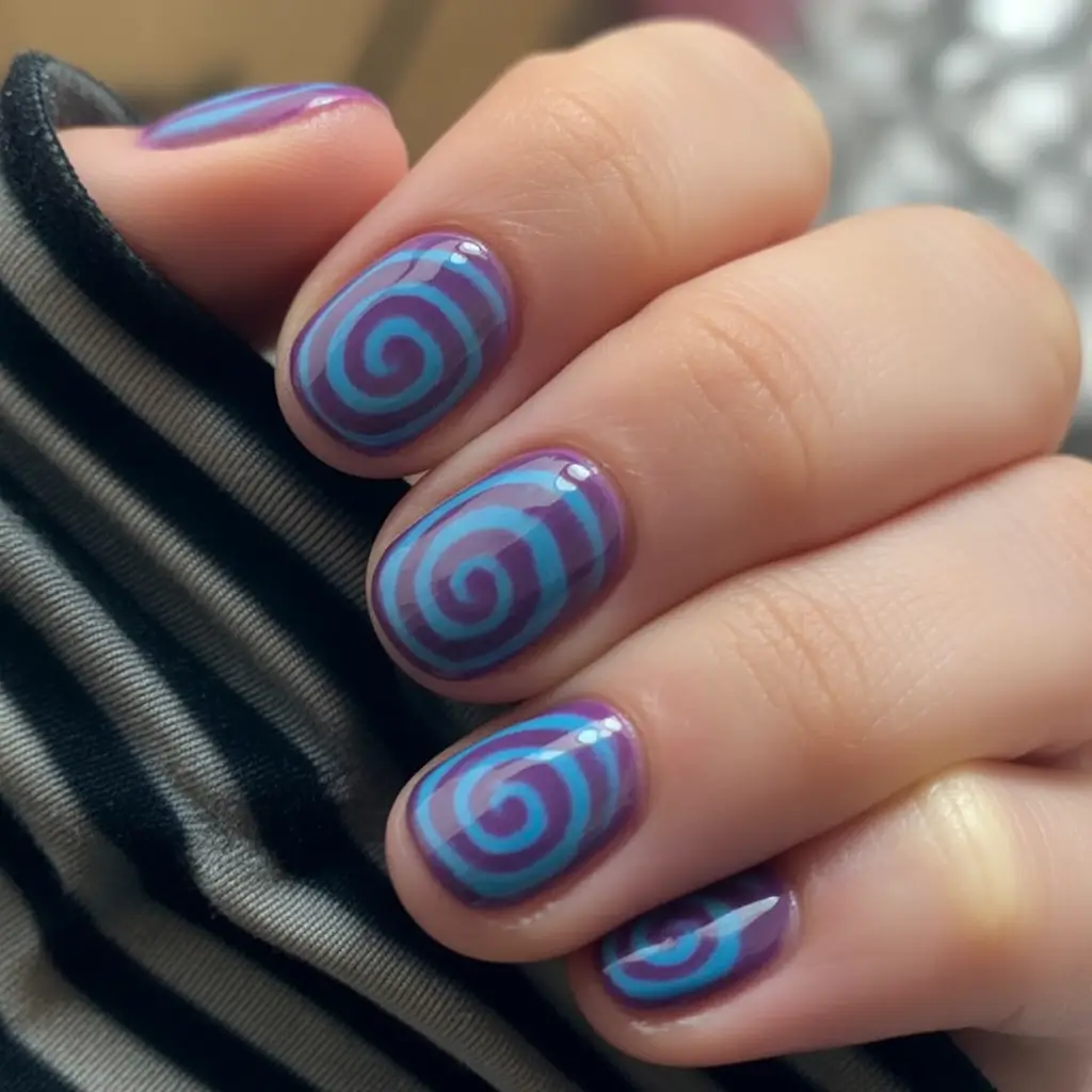 Best July Nail Colors for 2025 Retro Hypnotic Swirls In Cool Tones
