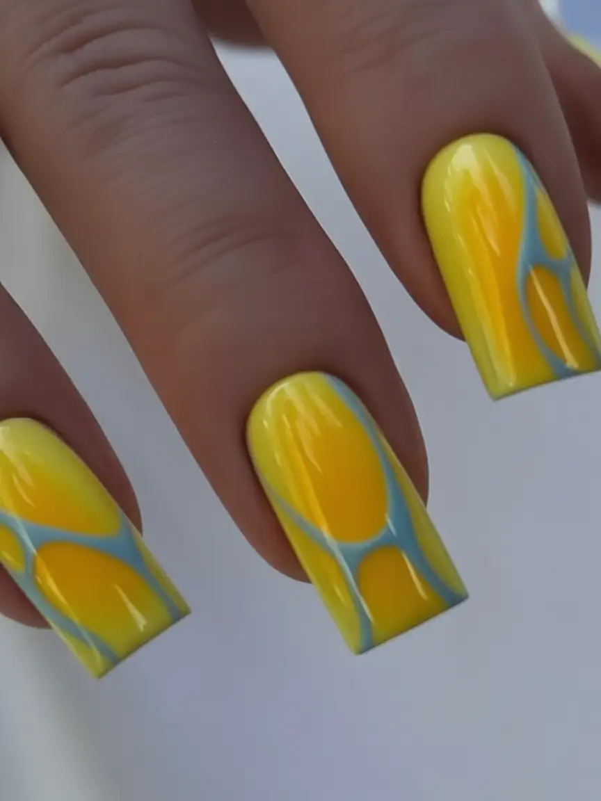 Best July Nail Colors for 2025 Lemon Pop With Sky Blue Curves