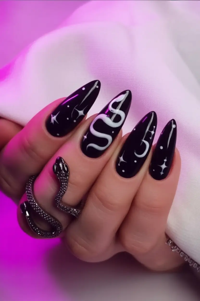 Black Summer Nails for 2025 Looks Venom Sky Galactic Snakes And Night Stars