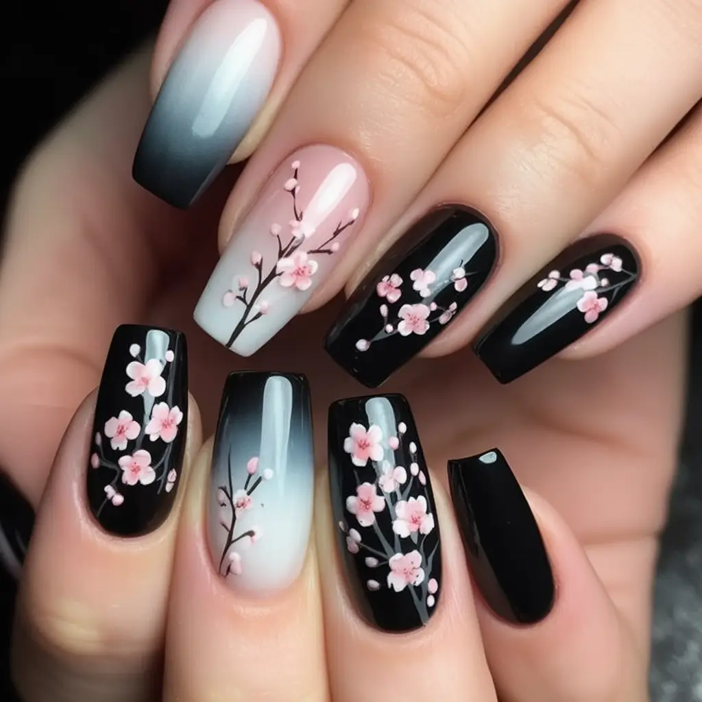 Black Summer Nails for 2025 Looks Sakura Gradient Florals In Bloom With Delicate Touch