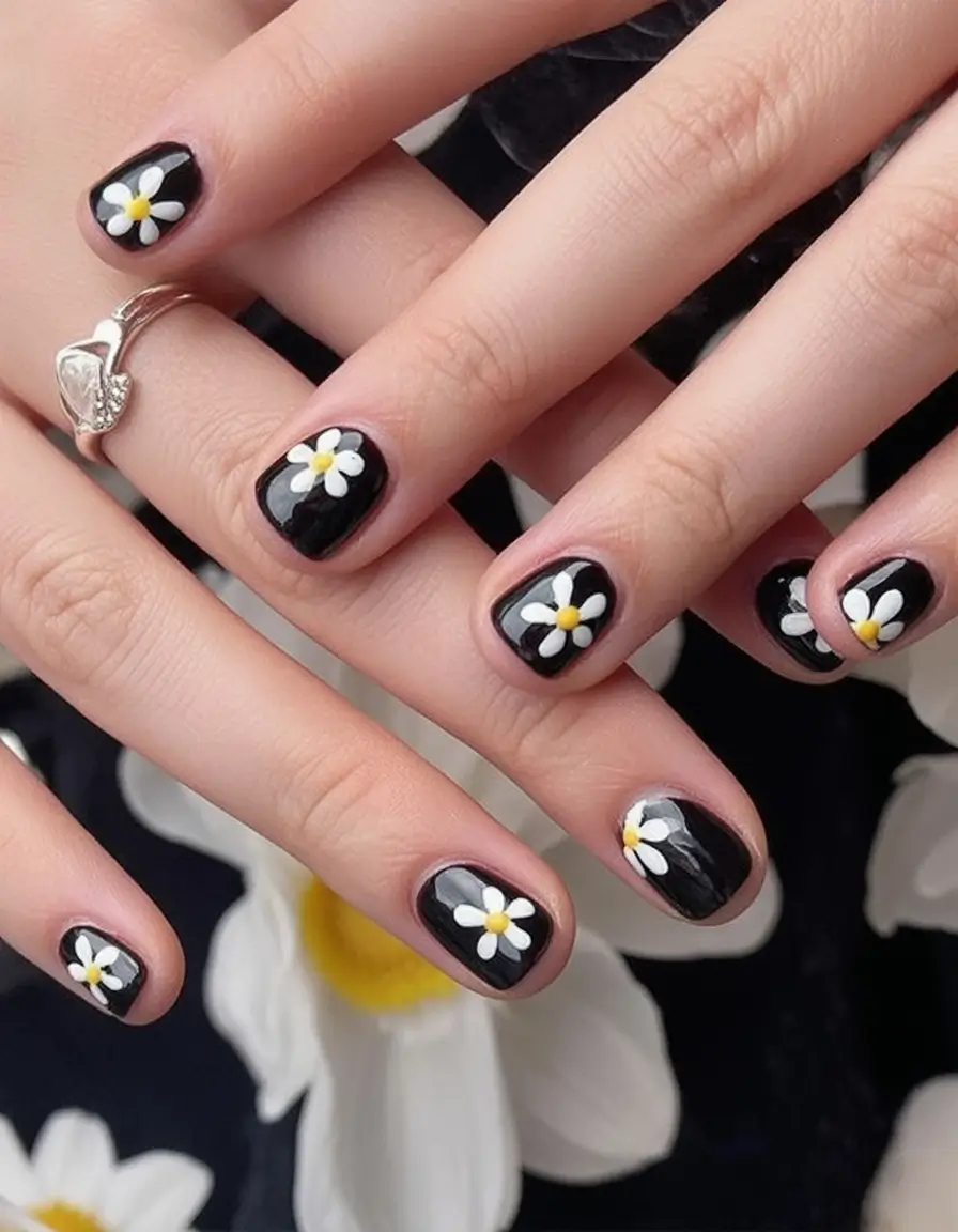 Black Summer Nails for 2025 Looks Playful Petals On Noir Daisy Daydreams Meet Downtown Chic