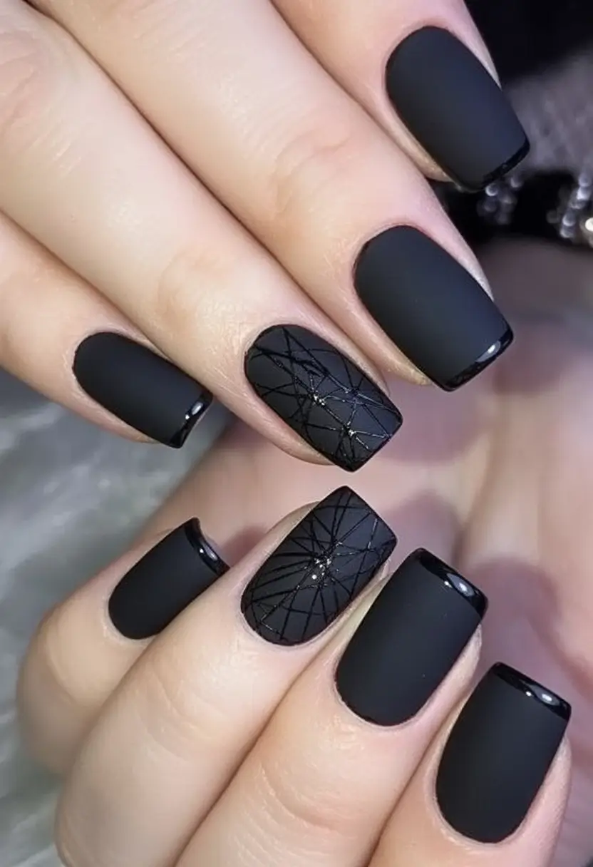 Black Summer Nails for 2025 Looks Matte Noir with Glossy Web Detailing