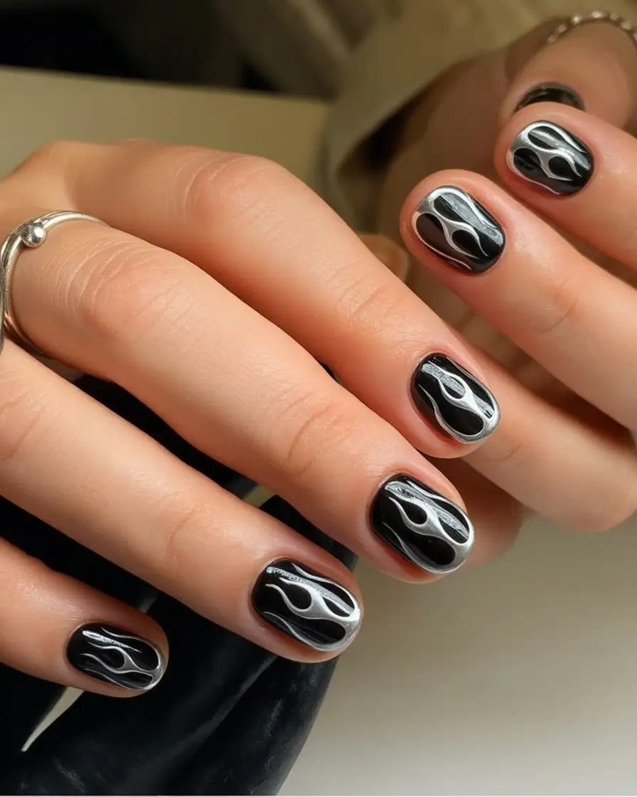 Black Summer Nails for 2025 Looks Molten Metallic Flames on Jet Black