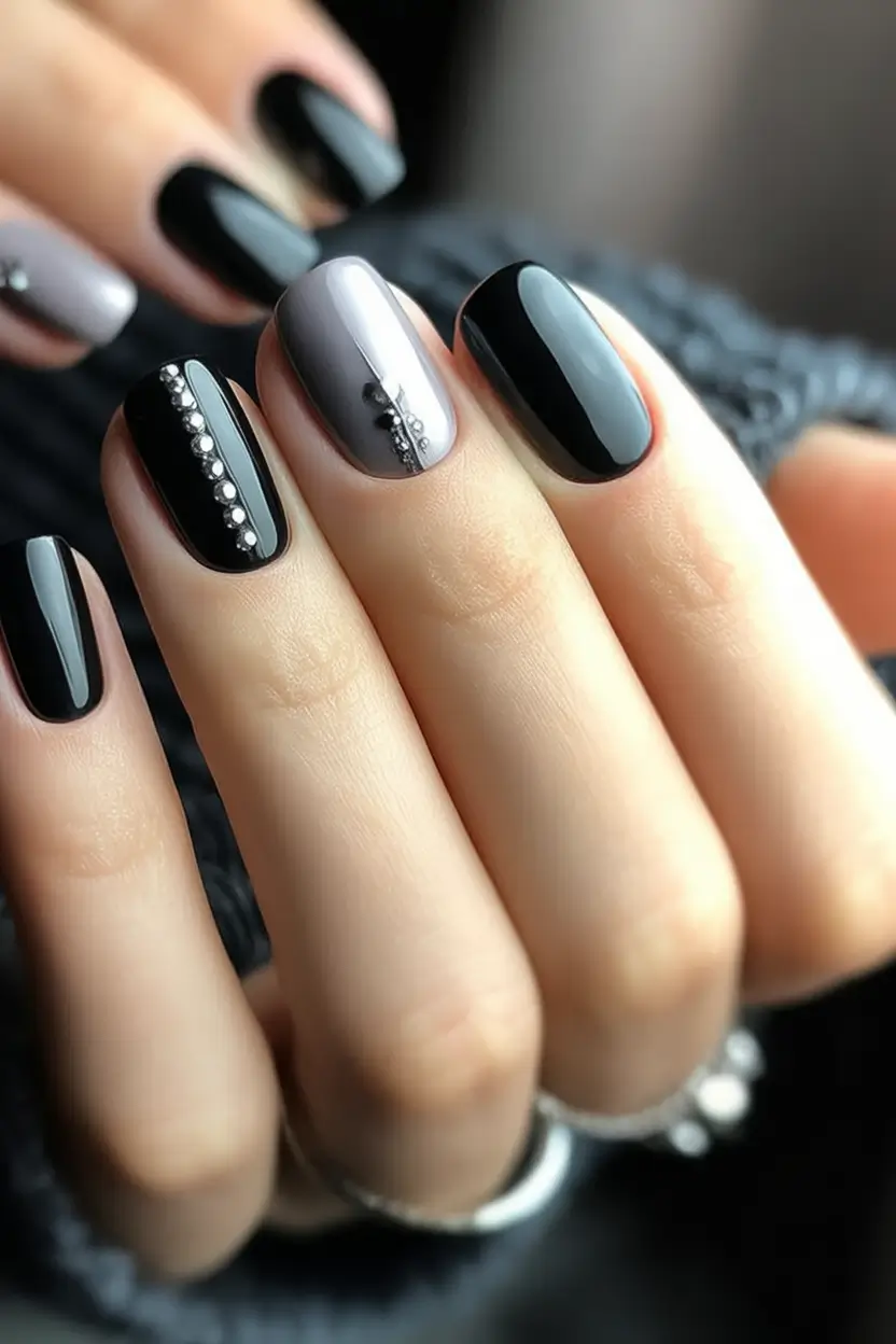 Black Summer Nails for 2025 Looks Black and Gray with Crystal Strip Glam