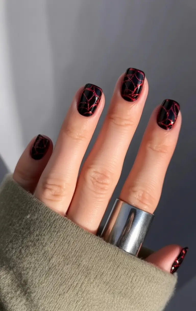 Black Summer Nails for 2025 Looks Spider Silk in Red and Black