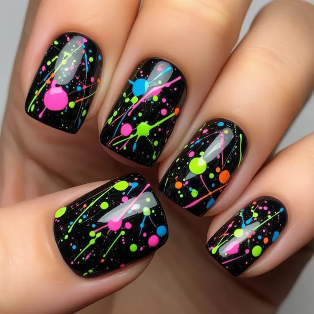 Black Summer Nails for 2025 Looks Neon Splatter Party on Midnight Black