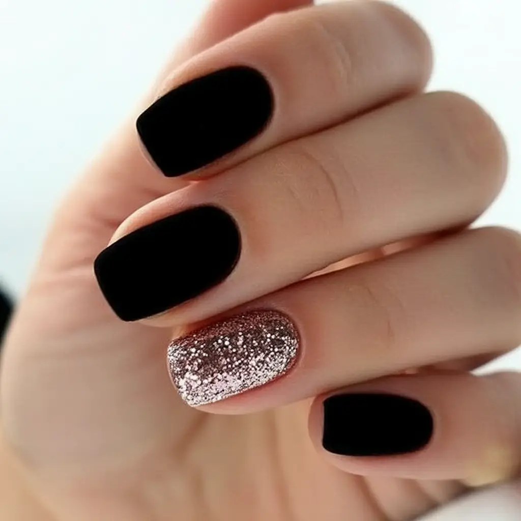 Black Summer Nails for 2025 Looks Velvet Black Meets Rose Gold Sparkle