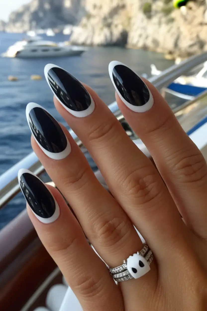 Black Summer Nails for 2025 Looks Vacay Luxe Almond Tips With A Nautical Wink