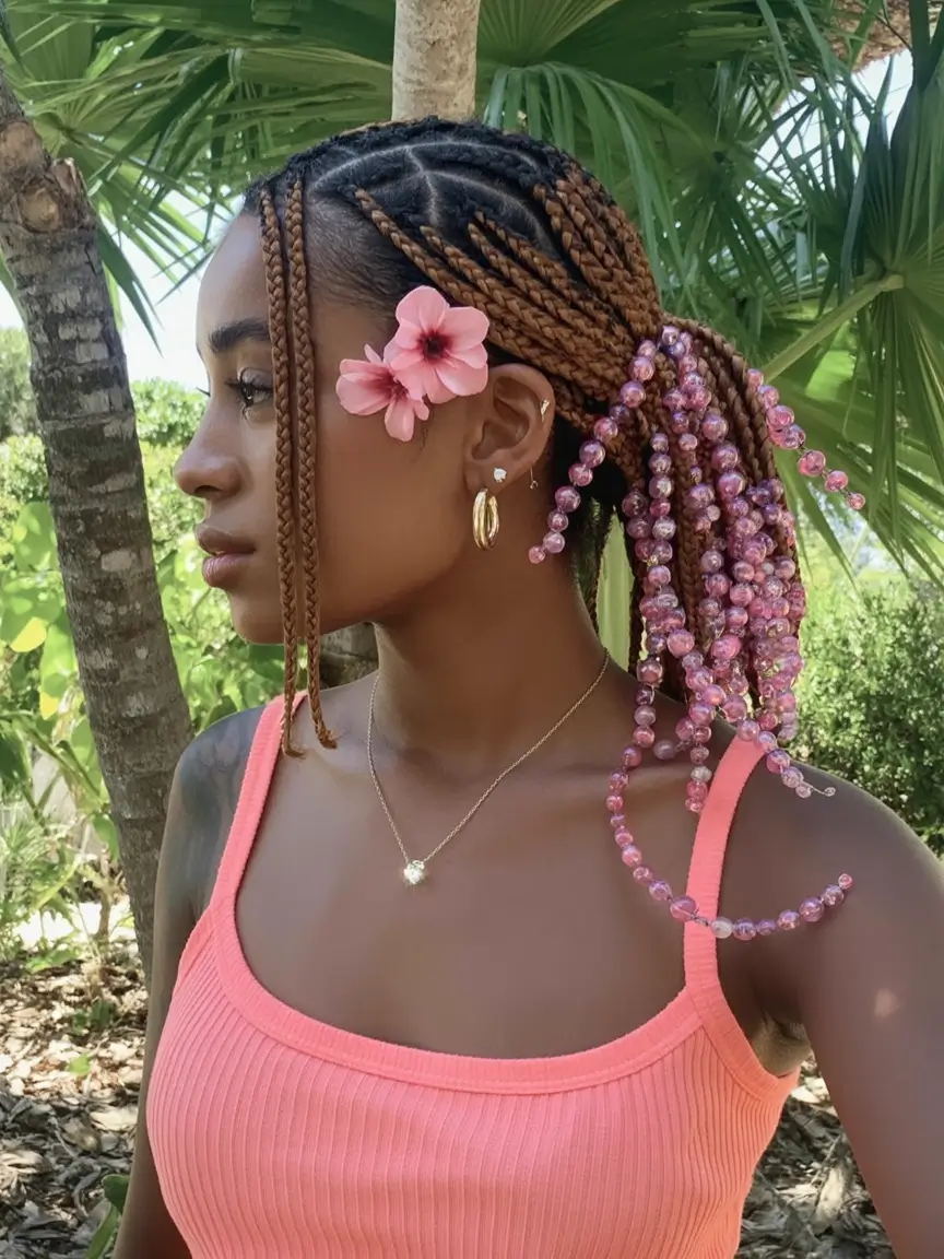 Black Women Hairstyles - Summer 2025 Trends Beaded Braids With Floral Details