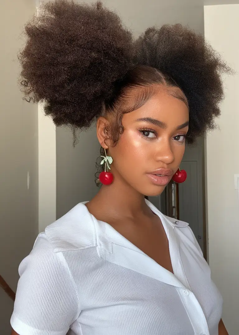 Black Women Hairstyles - Summer 2025 Trends Voluminous Afro Puffs With Cherry Charm