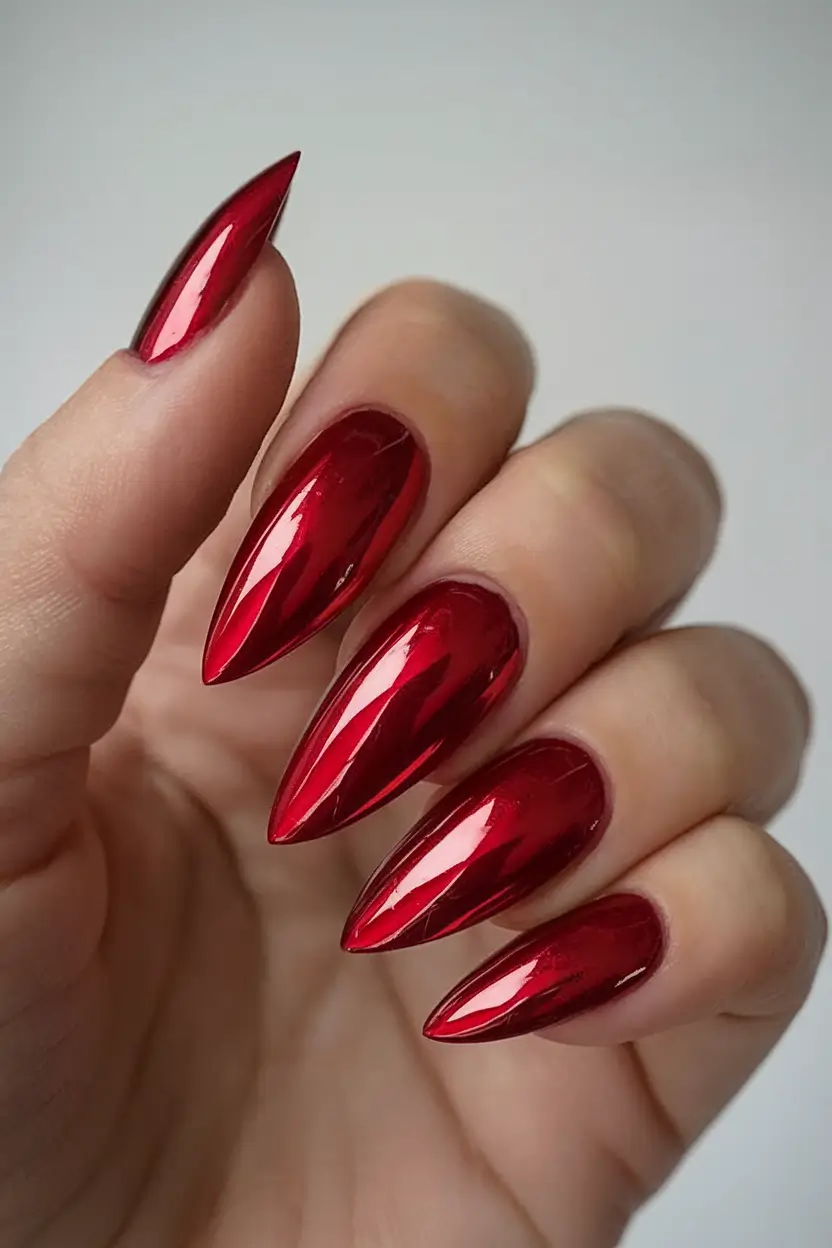 Bold Red Nails for 2025 Summer Vampy Red With Chrome Drama