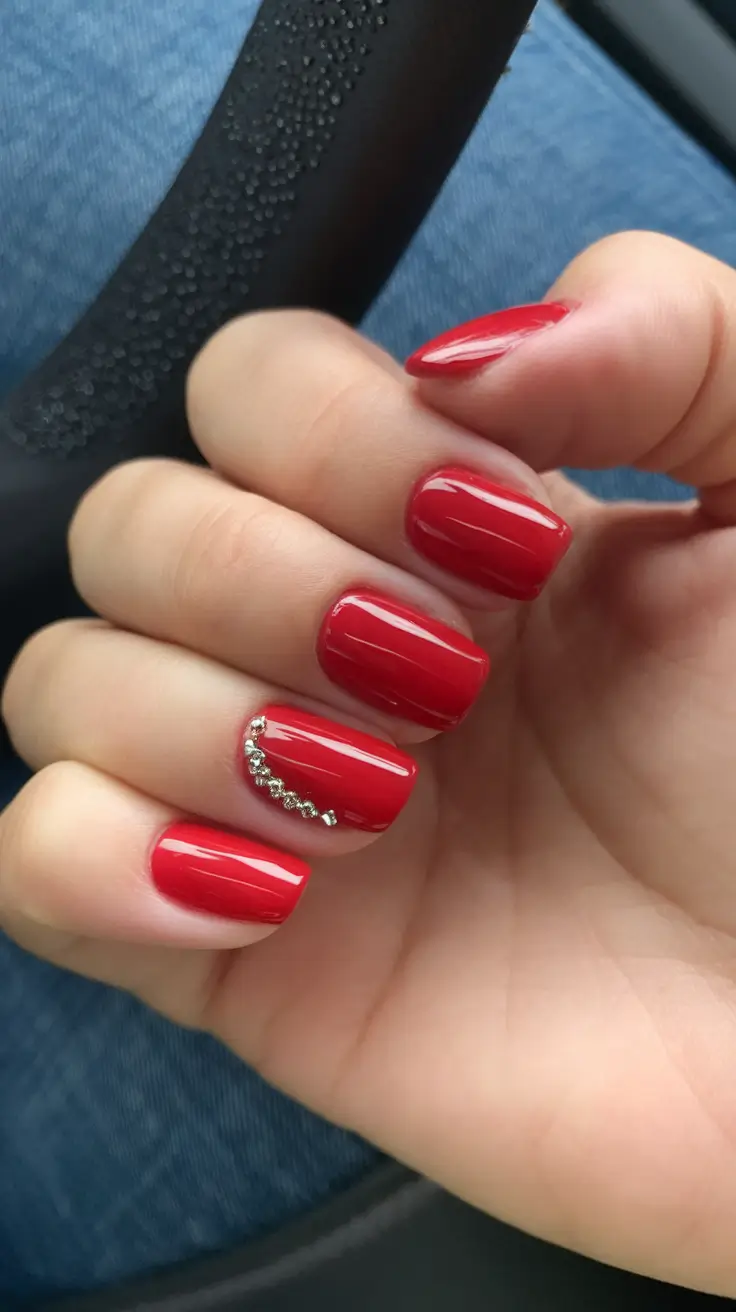 Bold Red Nails for 2025 Summer Rhinestone Curve on Cherry Red