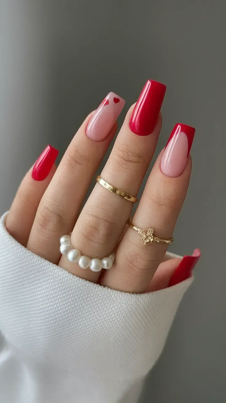 Bold Red Nails for 2025 Summer French Remix with Heart Detail