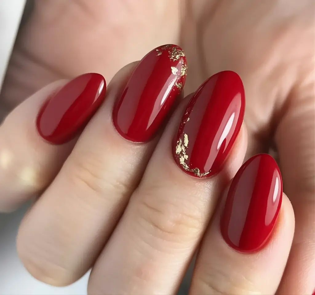 Bold Red Nails for 2025 Summer Crimson Shine with Gold Foil Detail