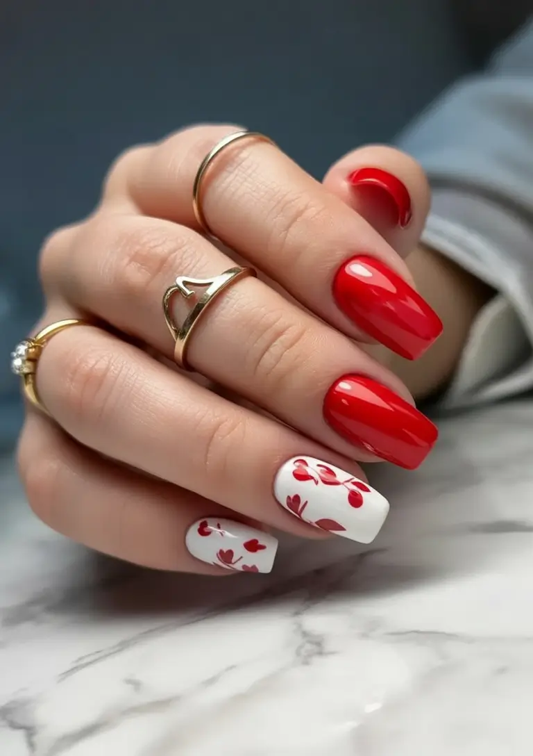 Bold Red Nails for 2025 Summer Cherry and White with Branch Art