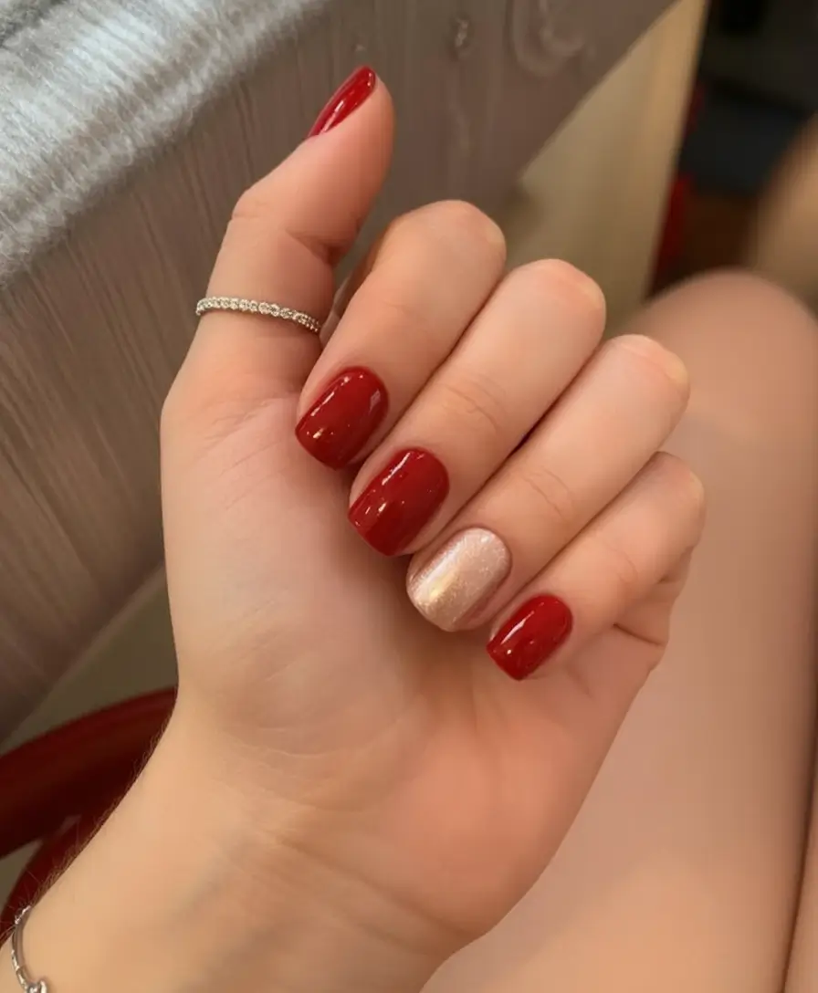 Bold Red Nails for 2025 Summer Warm Red with a Soft Gold Accent