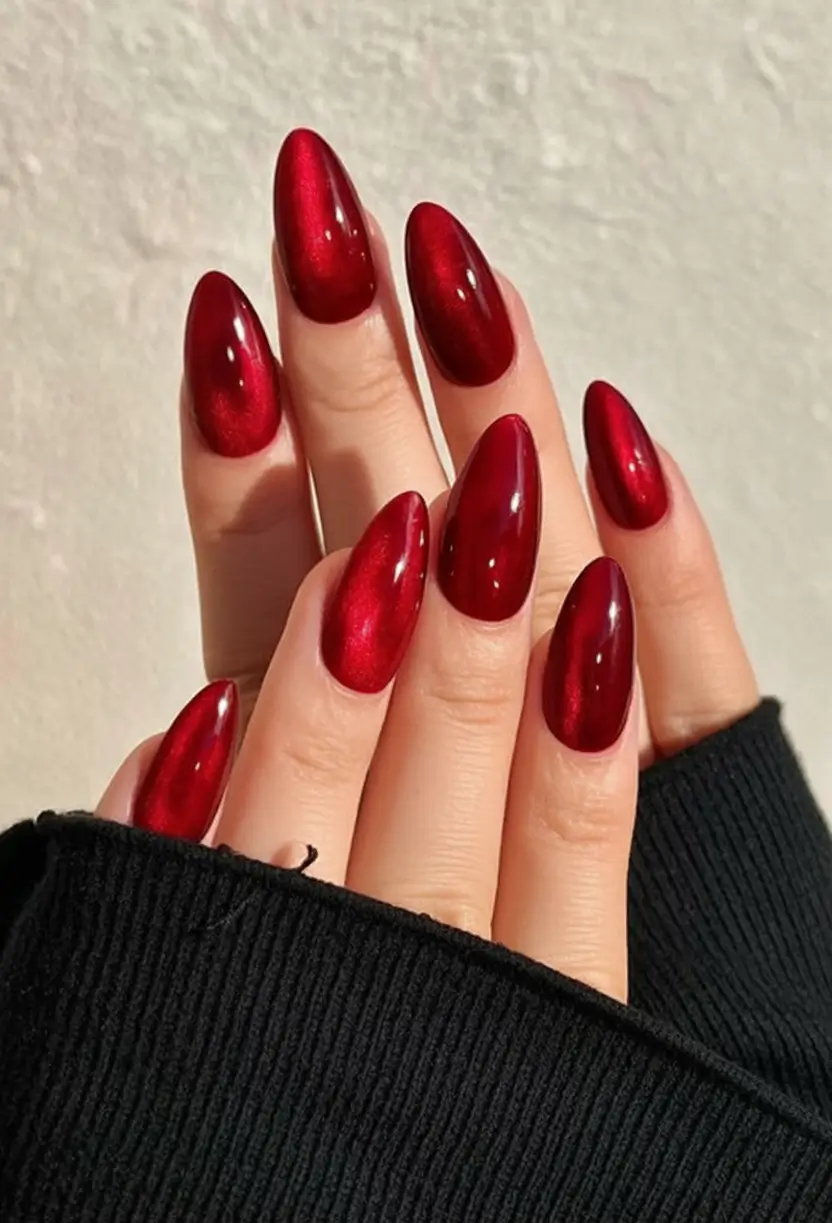 Bold Red Nails for 2025 Summer Velvety Red Cat-Eye Glow