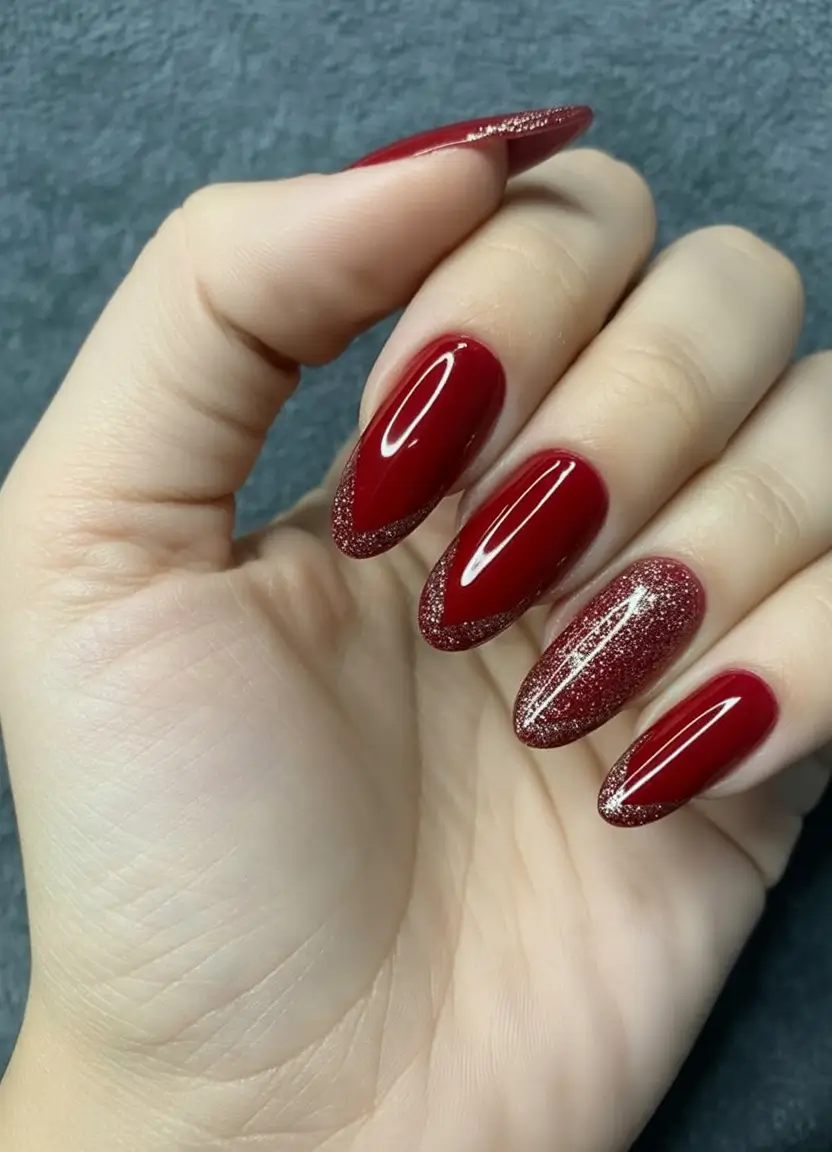 Bold Red Nails for 2025 Summer Glitter-Framed Red Almond Tips