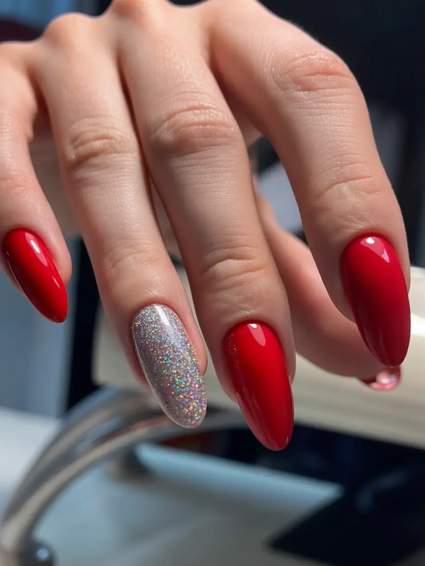 Bold Red Nails for 2025 Summer Glitter Accent on Classic Red