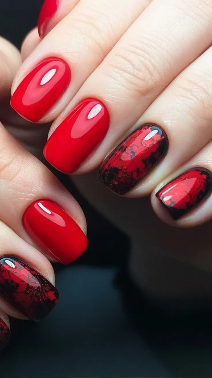 Bold Red Nails for 2025 Summer Shadowed Crimson with Black Marble Tips