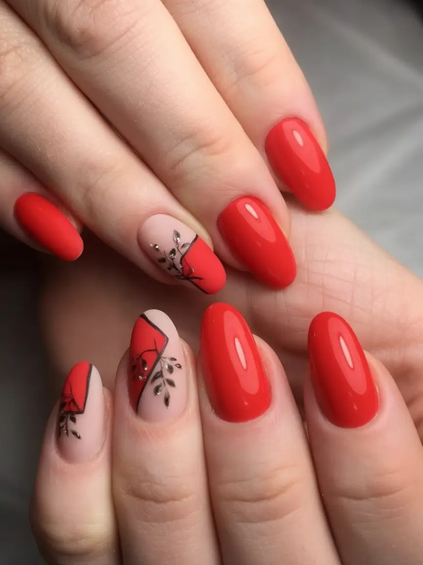 Bold Red Nails for 2025 Summer Geometric Botanicals on a Scarlet Field