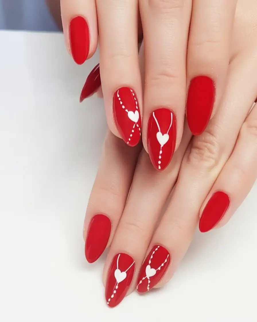 Bold Red Nails for 2025 Summer Red with White Heart Chains