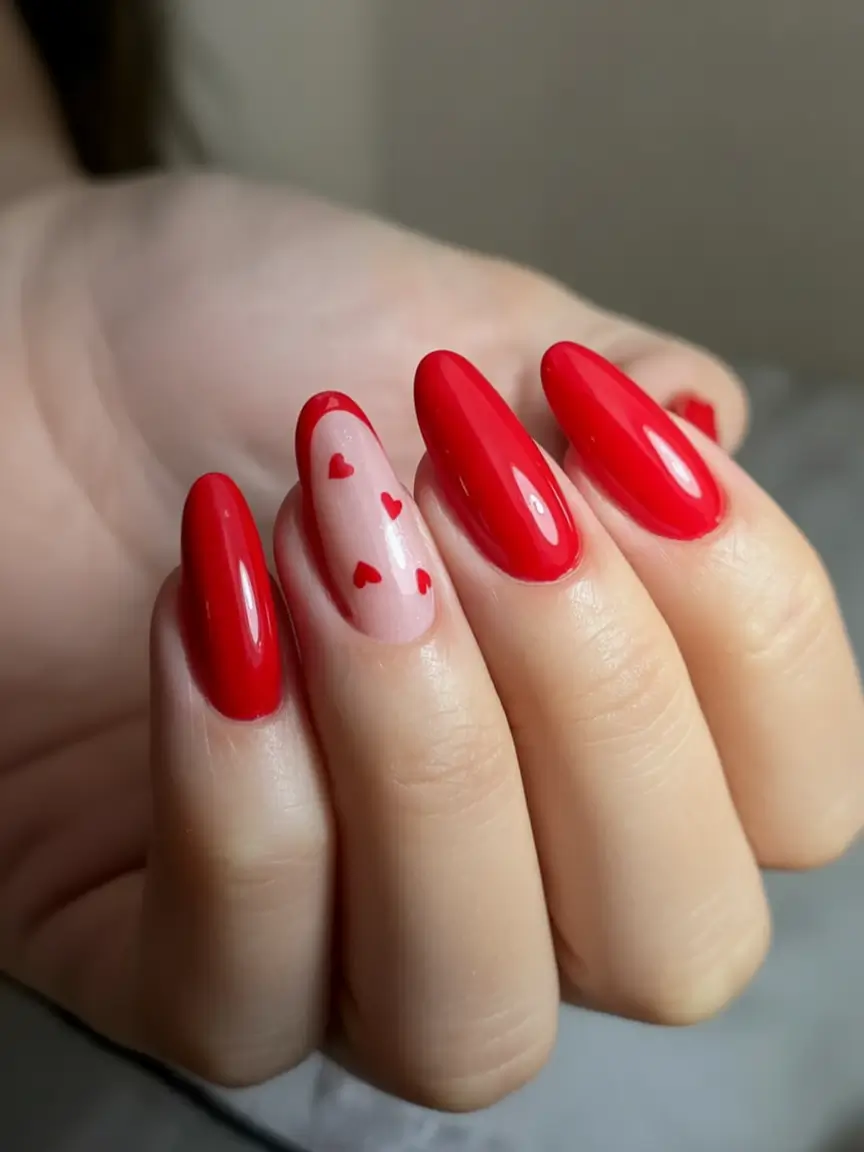 Bold Red Nails for 2025 Summer Red French and Tiny Floating Hearts