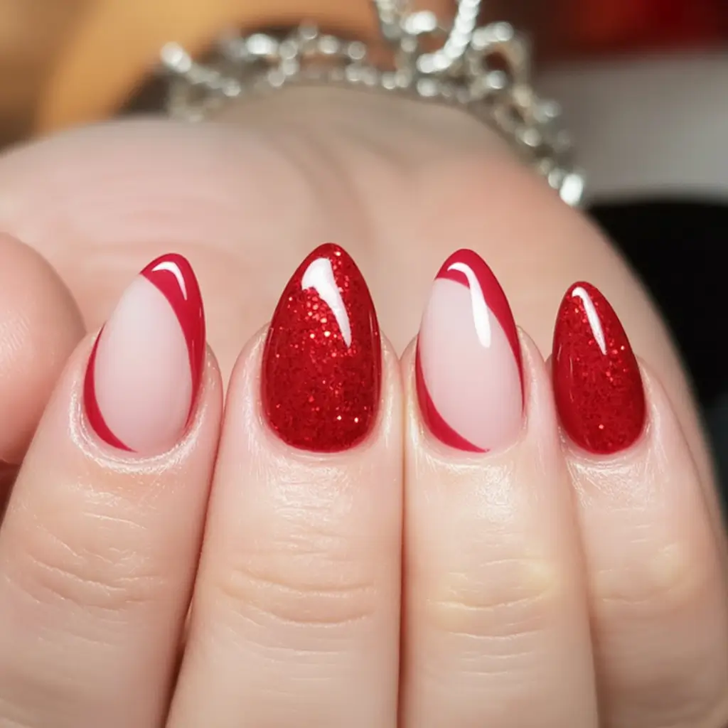Bold Red Nails for 2025 Summer Glitter Red Almond with Candy Swirls