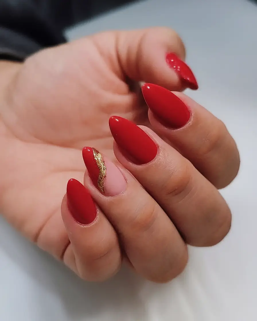 Bold Red Nails for 2025 Summer Matte Crimson with Gold-Cracked Accent