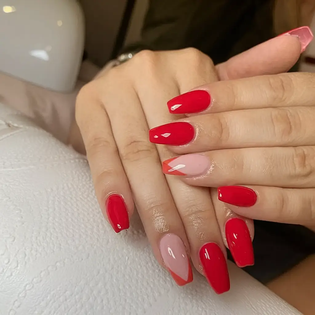 Bold Red Nails for 2025 Summer Glossy Red with Diagonal French Tips