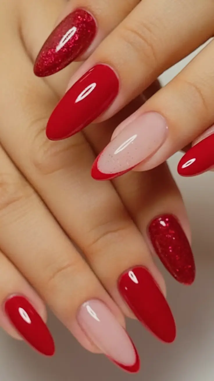 Bold Red Nails for 2025 Summer Red Sparkle & Translucent Almond Blend