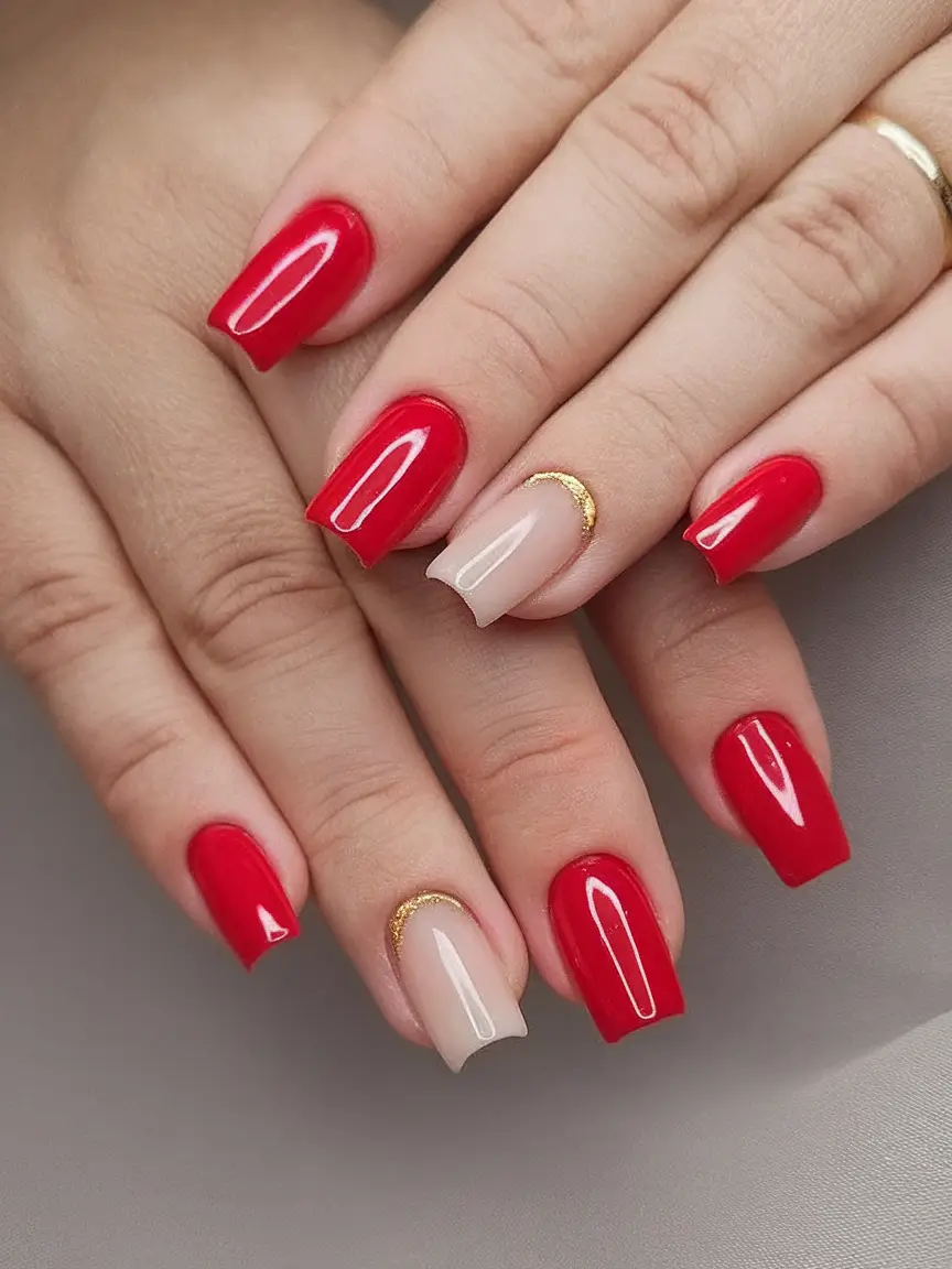 Bold Red Nails for 2025 Summer Classic Red with Luxe Gold Cuticle Crescent