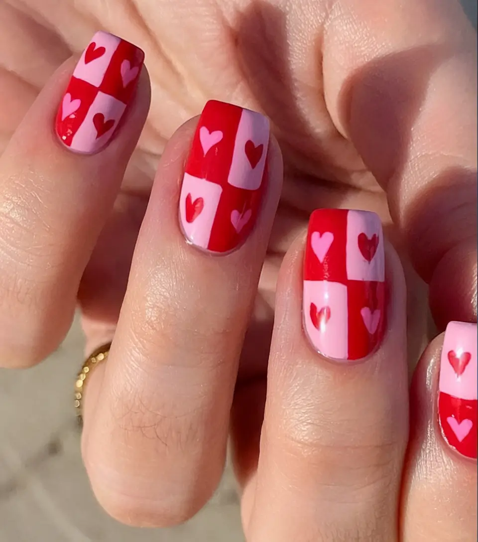 Bold Red Nails for 2025 Summer Checkerboard Love in Red and Pink