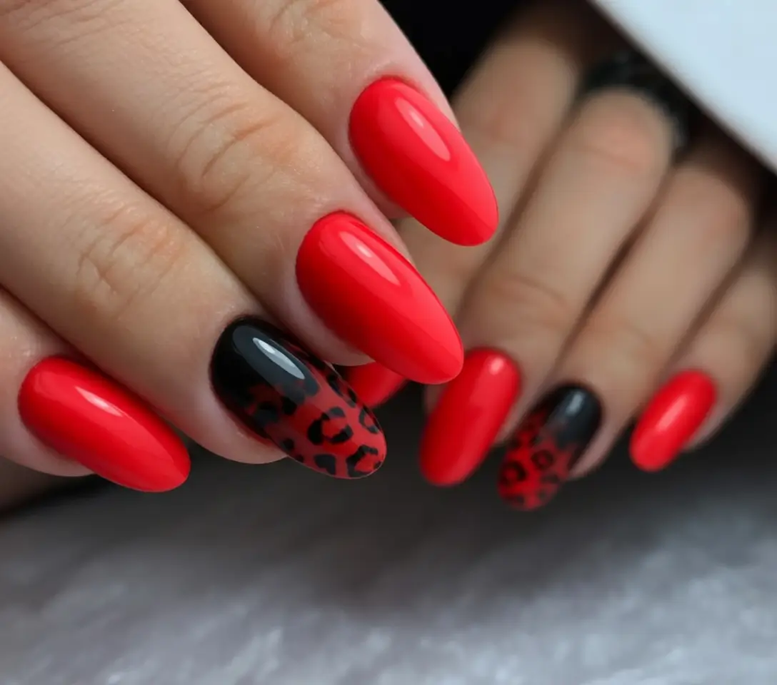Bold Red Nails for 2025 Summer Wild Red With Leopard Art