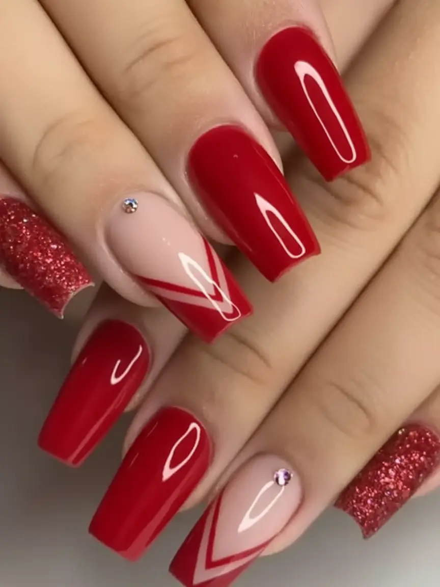 Bold Red Nails for 2025 Summer Glossy Red and Glitter French Fusion