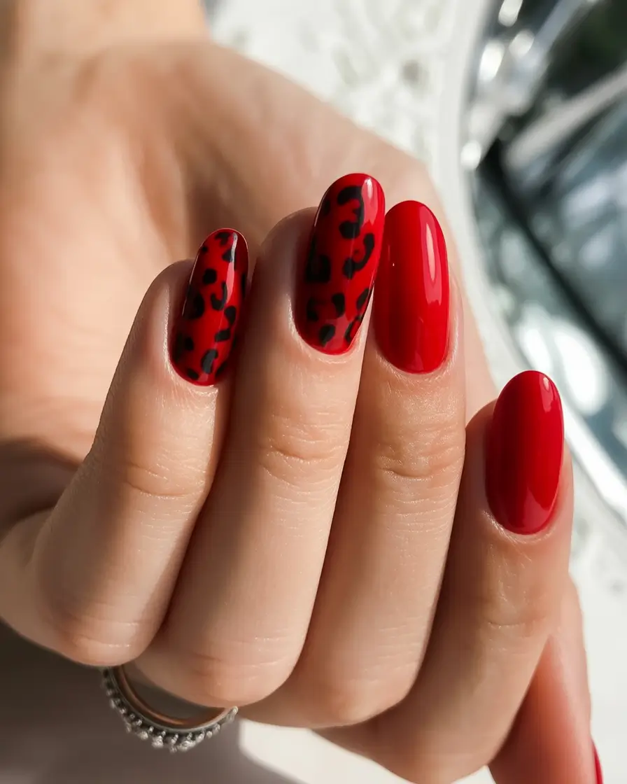 Bold Red Nails for 2025 Summer Short and Sleek with a Leopard Pop