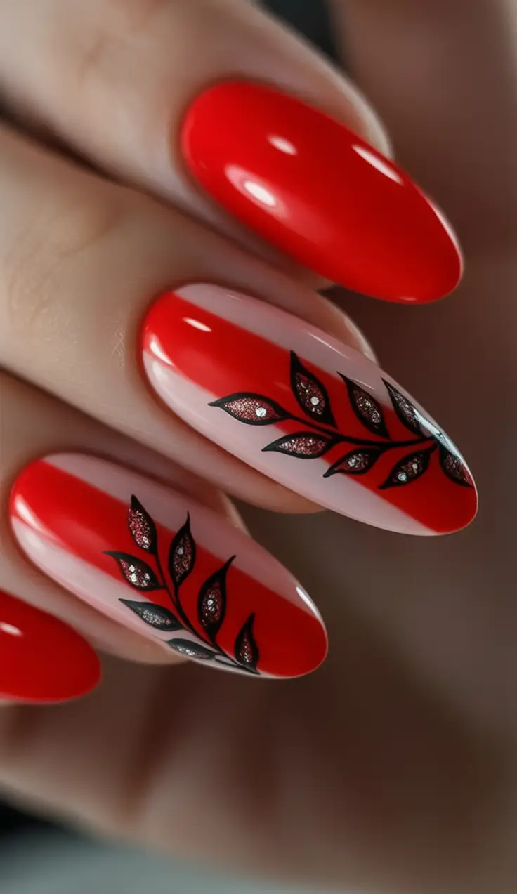 Bold Red Nails for 2025 Summer Leafy Glam Meets Red Elegance