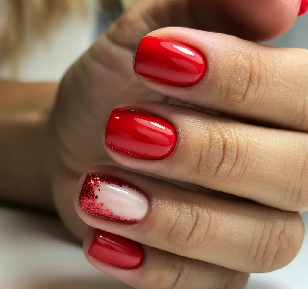 Bold Red Nails for 2025 Summer Short and Bold with a Glitter Gradient