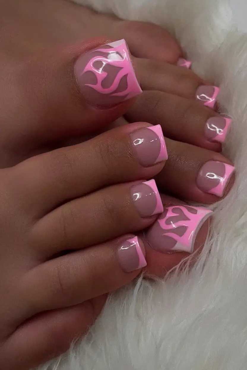 Bold Toe Colors for Summer 2025 neon pink flames on nude gloss