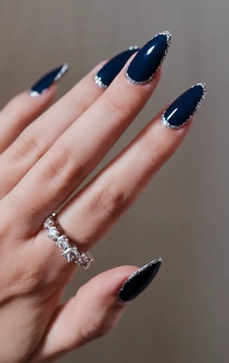 Chill Blue Nails for Summer 2025 Elegant Navy Tips with Glitter Trim