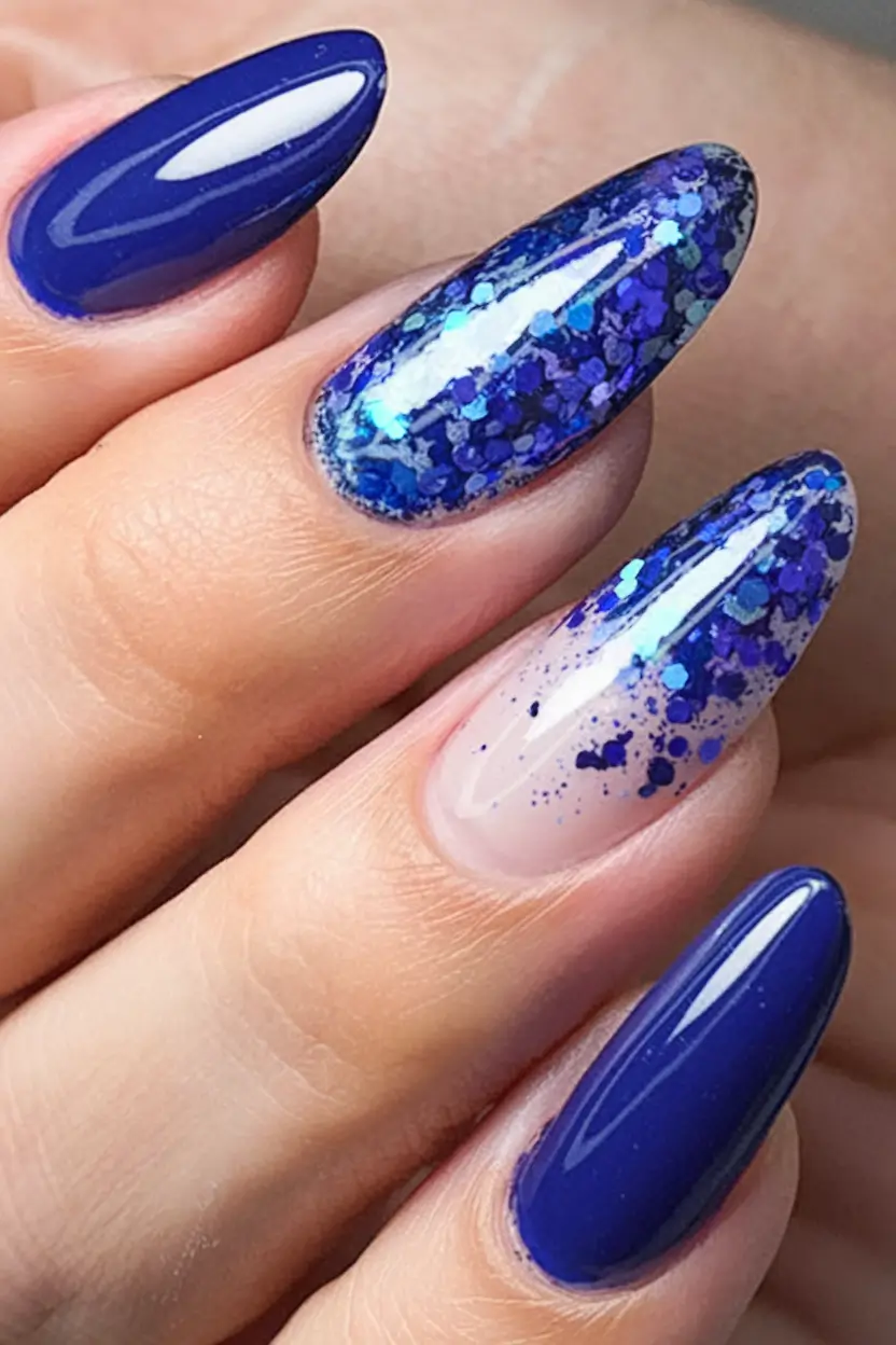 Chill Blue Nails for Summer 2025 Glitter Rainfall on Royal Blue