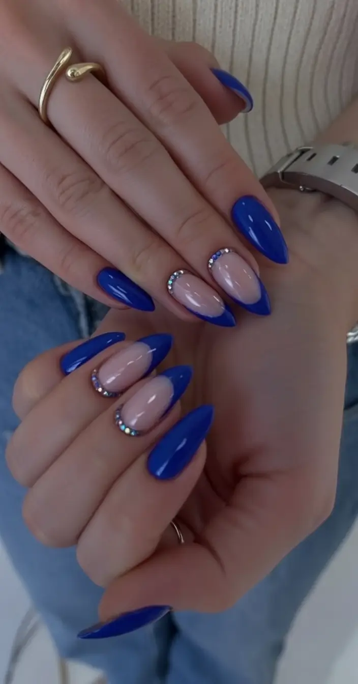 Chill Blue Nails for Summer 2025 Royal Blue French with Crystal Accents