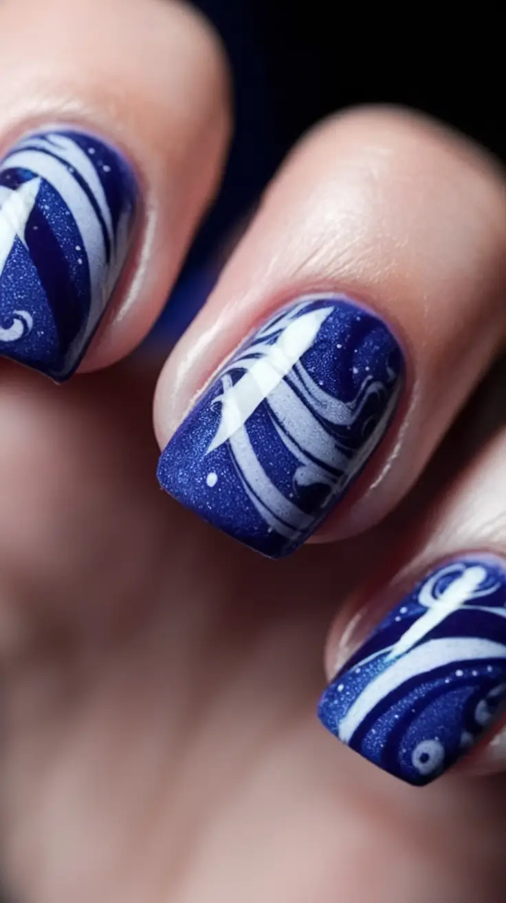 Chill Blue Nails for Summer 2025 Galaxy Marble Swirls on Square Tips