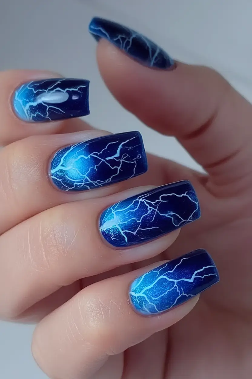 Chill Blue Nails for Summer 2025 Blue Lightning on Holographic Shimmer