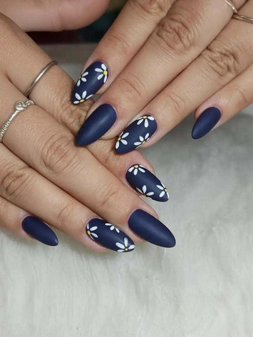 Chill Blue Nails for Summer 2025 Matte Navy Florals for Daisy Lovers