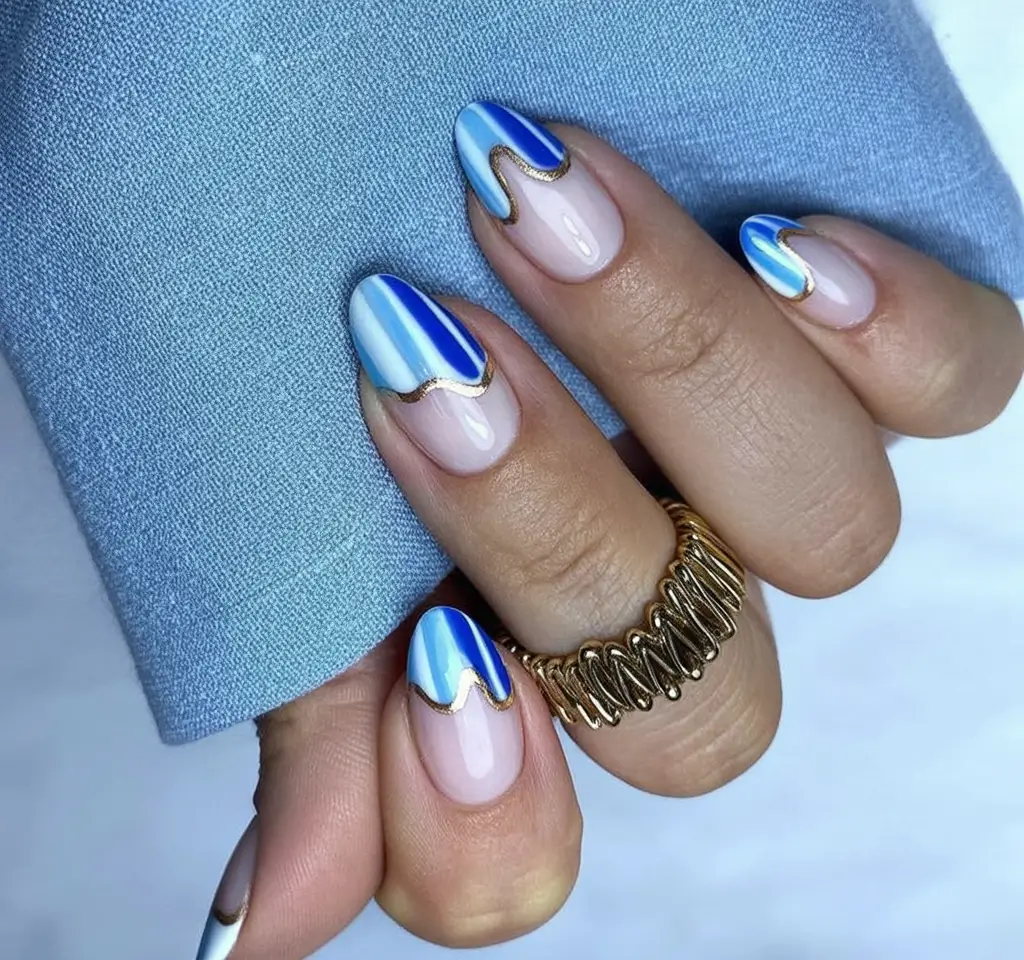 Chill Blue Nails for Summer 2025 Glossy Drips & Royal Stripes