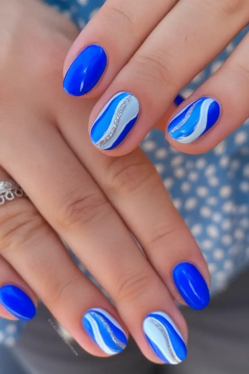 Chill Blue Nails for Summer 2025 Royal Blue Waves with a Hint of Glitter