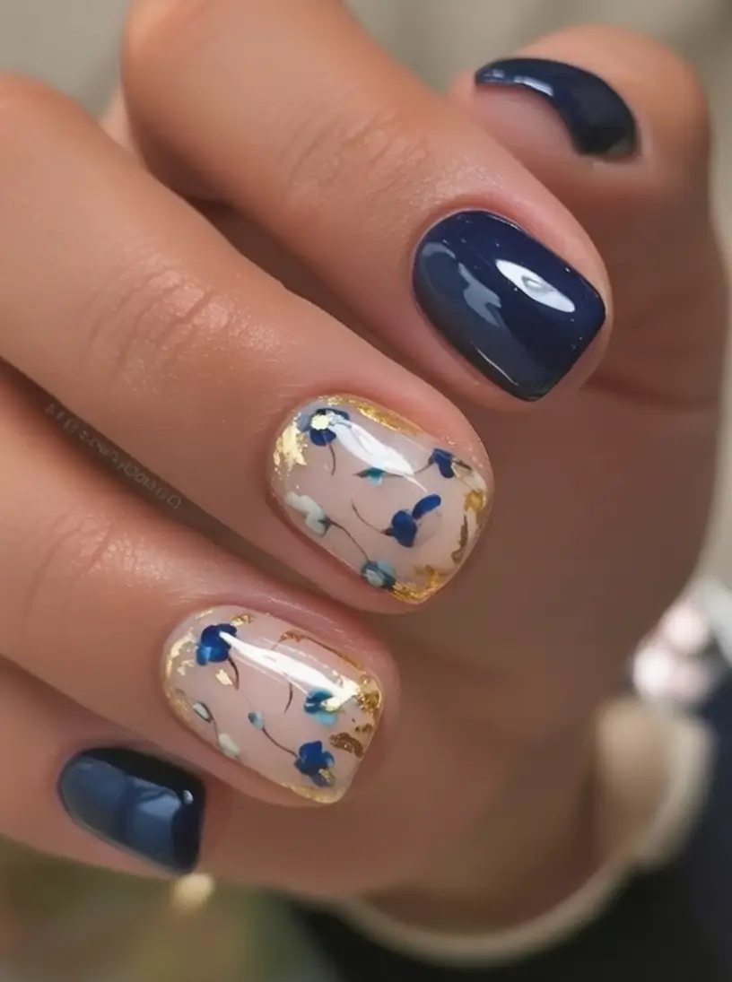 Classy Summer Nails for 2025 Style Glossy Navy With Foil Florals