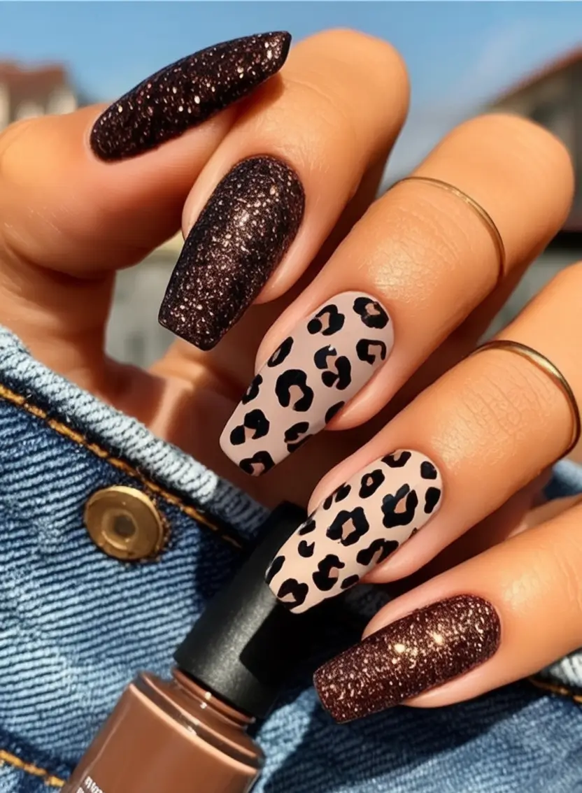 Classy Summer Nails for 2025 Style Leopard Luxe With Bronze Sparkle